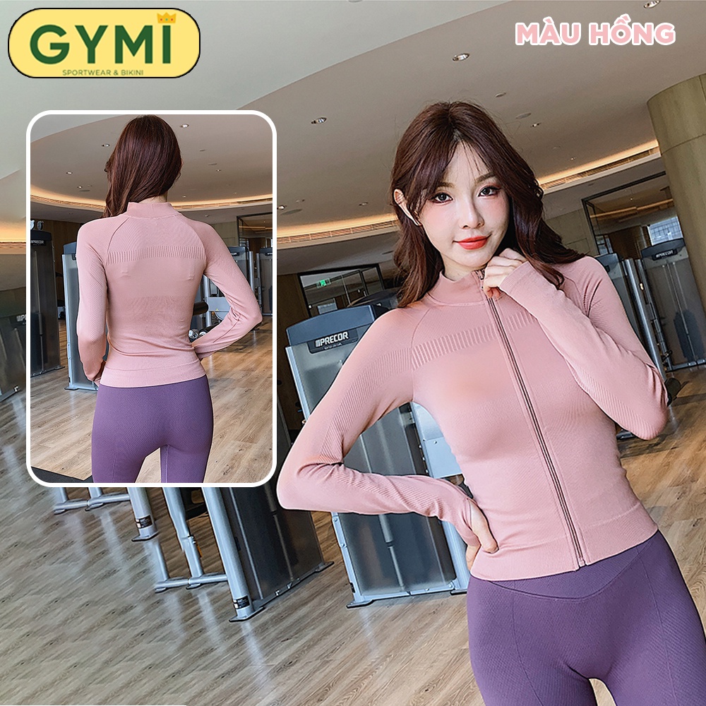 Áo khoác tập gym yoga nữ GYMI AK08 dáng croptop thể thao chất dệt kim co giãn thoáng khí chống nắng