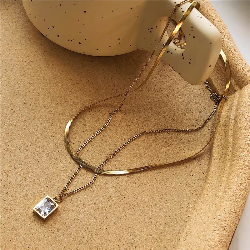 Dây Chuyền Hai Lớp Bằng Thép Titan Mạ Vàng Hồng 18k Đính Đá Kim Cương Thời Trang
