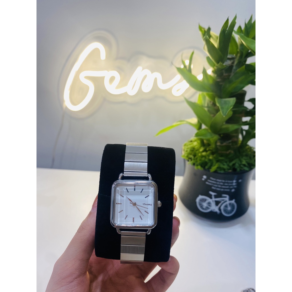 Đồng hồ nữ đẹp đeo tay nữ chính hãng Ulzang dây sắt mặt vuông giá rẻ có chống nước Gems Accessories