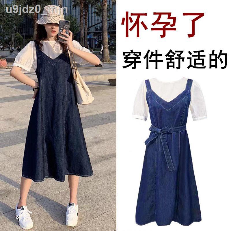 Maternity clothes, summer two-piece dress, trendy fashion, casual, age-reducing hot mom personality, denim suspender ski