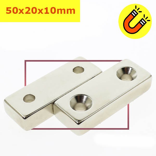 Nam châm đất hiếm hình chữ nhật loại 2 lỗ bắt vít lực hút siêu mạnh