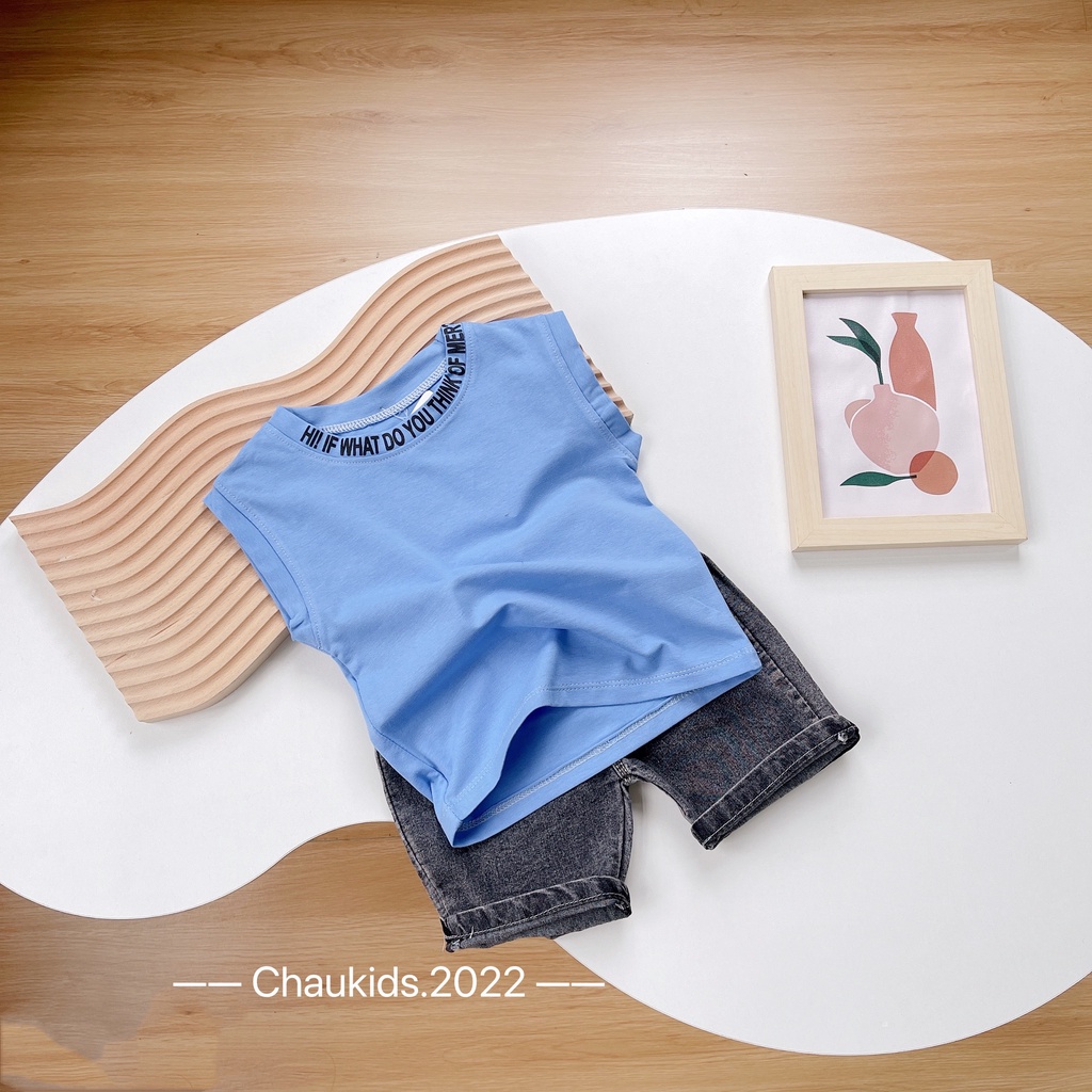 Bộ hè bé trai, bộ áo cotton sát nách cổ in chữ siêu cá tính phối quần short jean mềm cho bé