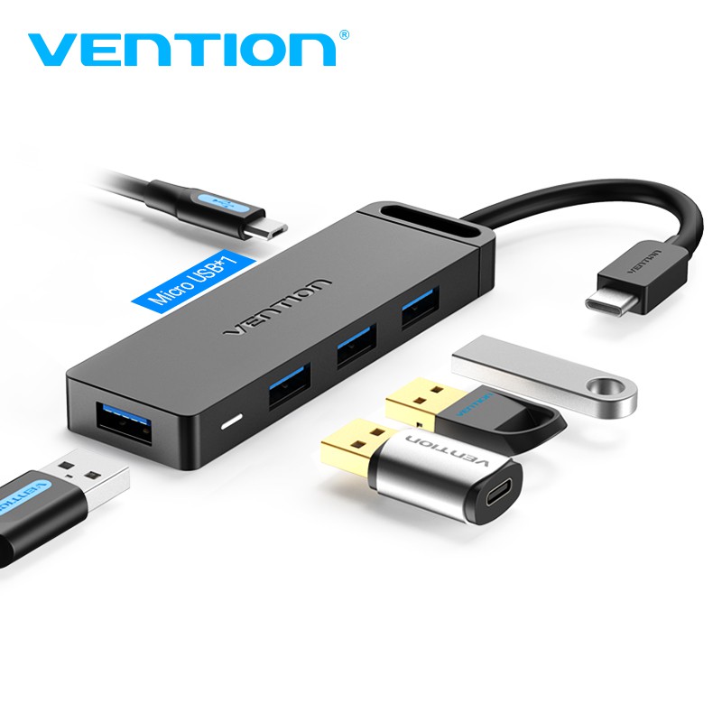 Đầu HUB điều hợp 4 cổng tốc độ cao chia cổng USB Type- C / 3.0 VENTION cho laptop/PC