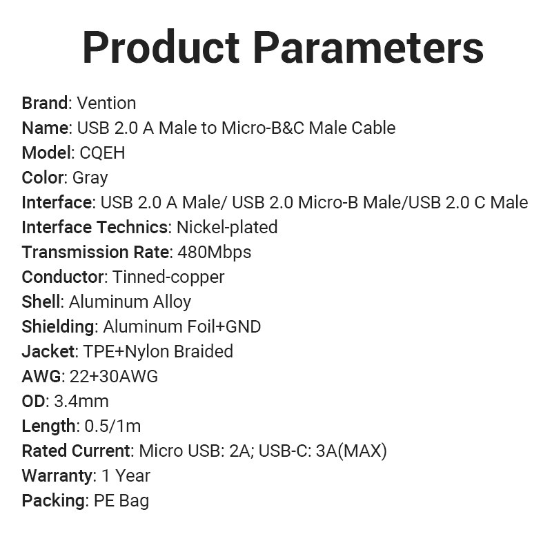 Cáp Sạc 2 Trong 1 Type C Micro B / Usb C 3a VENTION Tốc Độ Cao 480mbps Đa Năng Cho Điện Thoại Di Động