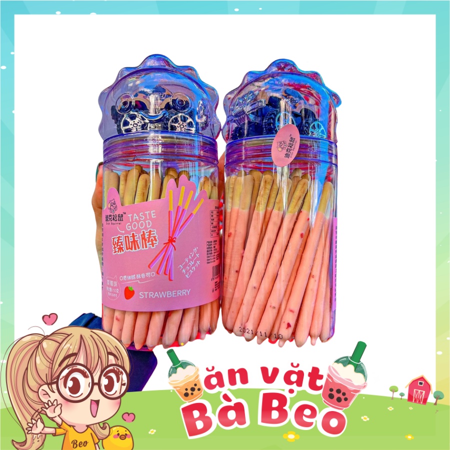 Một hủ bánh que phủ kem sô cô la vị dâu/ việt quất/matcha trà xanh kèm xe hơi đồ chơi cute Hongkong hủ 150gam