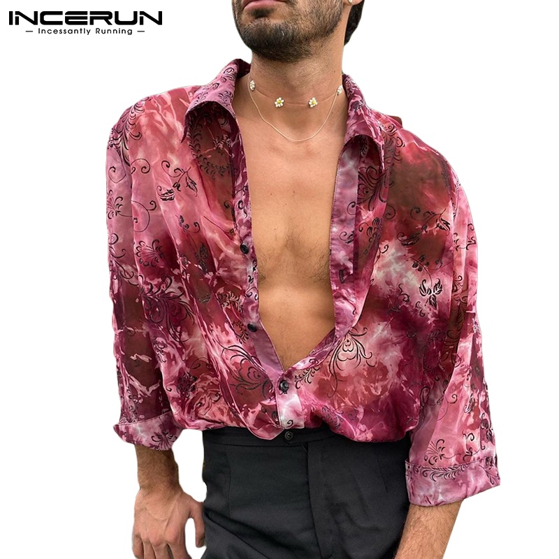 INCERUN Áo Lưới Tay Dài In Họa Tiết Có Nút Gài Thời Trang Đi Biển Cho Nam