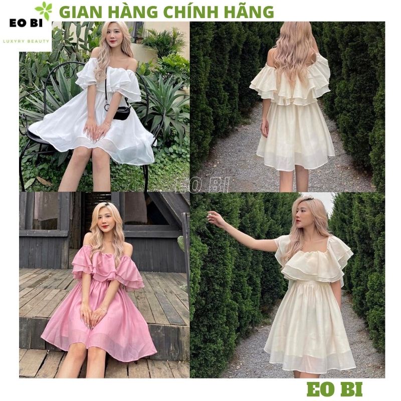 Váy voan tơ 2 lớp trễ vai tay bồng kiểu dáng hàn quốc tiểu thư bánh bèo dễ thương ulzzang- EOBI
