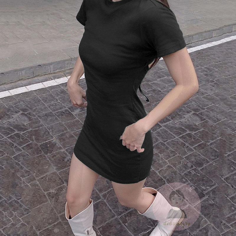 Đầm Ngắn Tay Thắt Nơ Hở Lưng Màu Trơn Thời Trang Cho Nữ