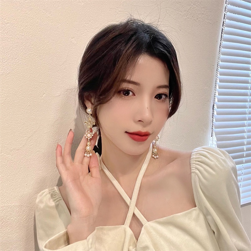 Bông Tai Mạ Bạc Dáng Dài Đính Ngọc Trai Phong Cách Cổ Điển Thời Trang Cho Nữ F864