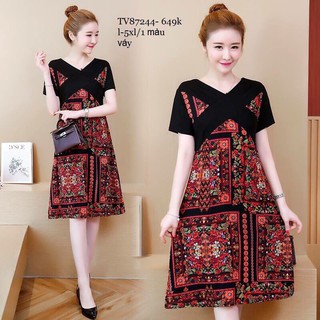 ĐẦM SUÔNG IN HỌA TIẾT PHỐI ĐEN D1487145