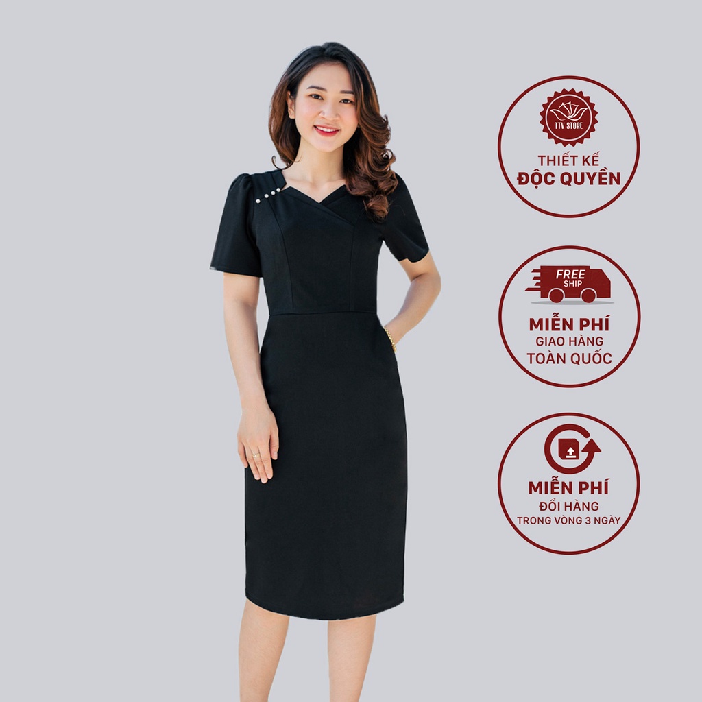 Đầm body trung niên công sở thiết kế cổ V đắp đính ngọc vải thun cát nhật màu đen - TTV843 TTV Store