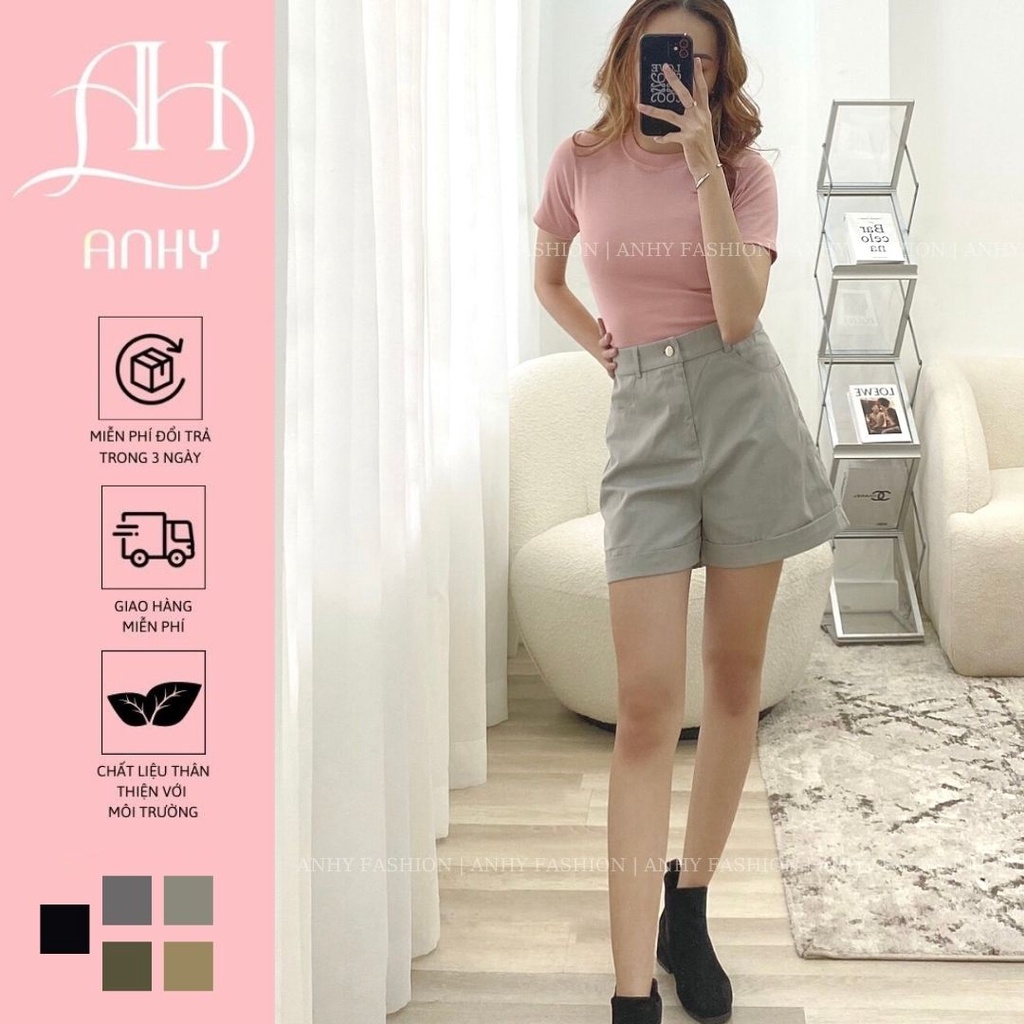 Quần short nữ ANHY FASHION quần đùi nữ cạp cao ngắn ống rộng phom tôn dáng chất kaki hàng VNXK chất lượng cao