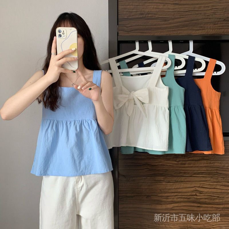 Áo Hai Dây Cổ Vuông Màu Trơn Phong Cách Hàn Quốc Thời Trang Mùa Hè Xinh Xắn Cho Nữ