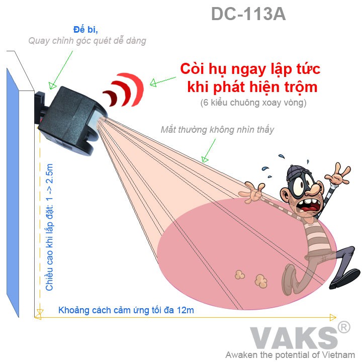 Thiết bị báo trộm hồng ngoại DC-113A - có 6 kiểu hụ còi + dây nguồn 2m