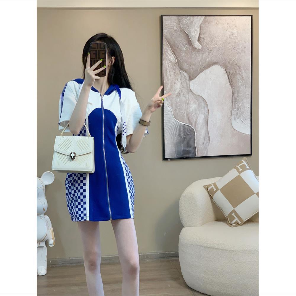 Casual fashion dress 2022 new women's summer casual fashion blue checkerboard dress