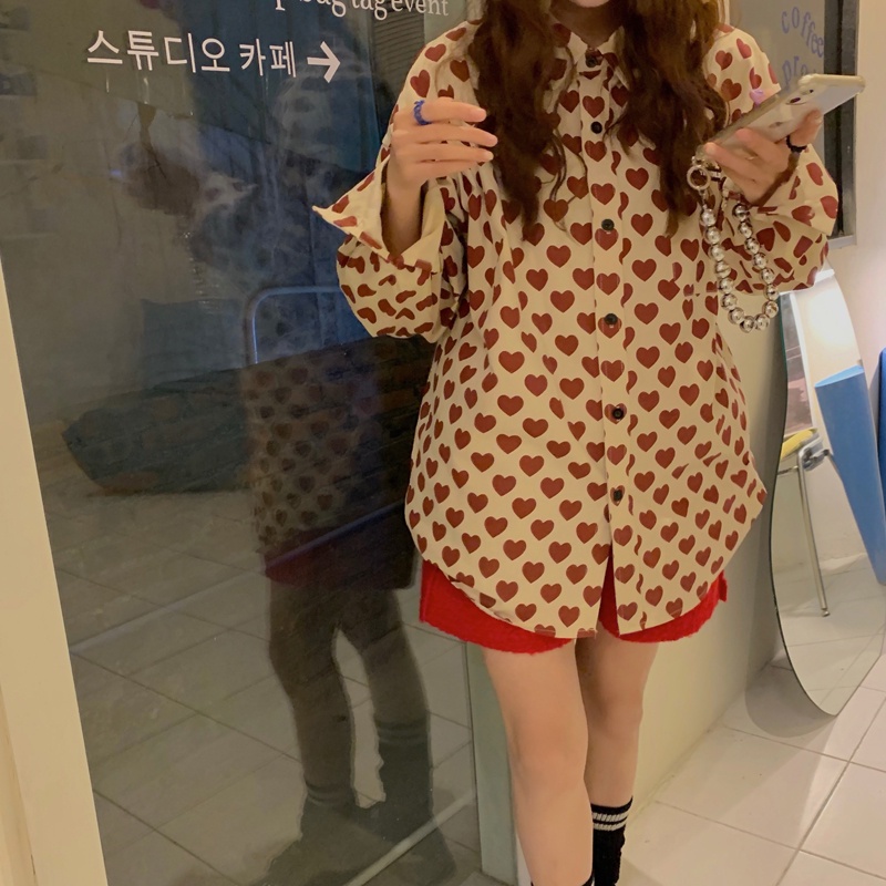 Áo sơ mi SUXI tay dài in họa tiết trái tim phong cách retro thời trang Hàn Quốc cho nữ