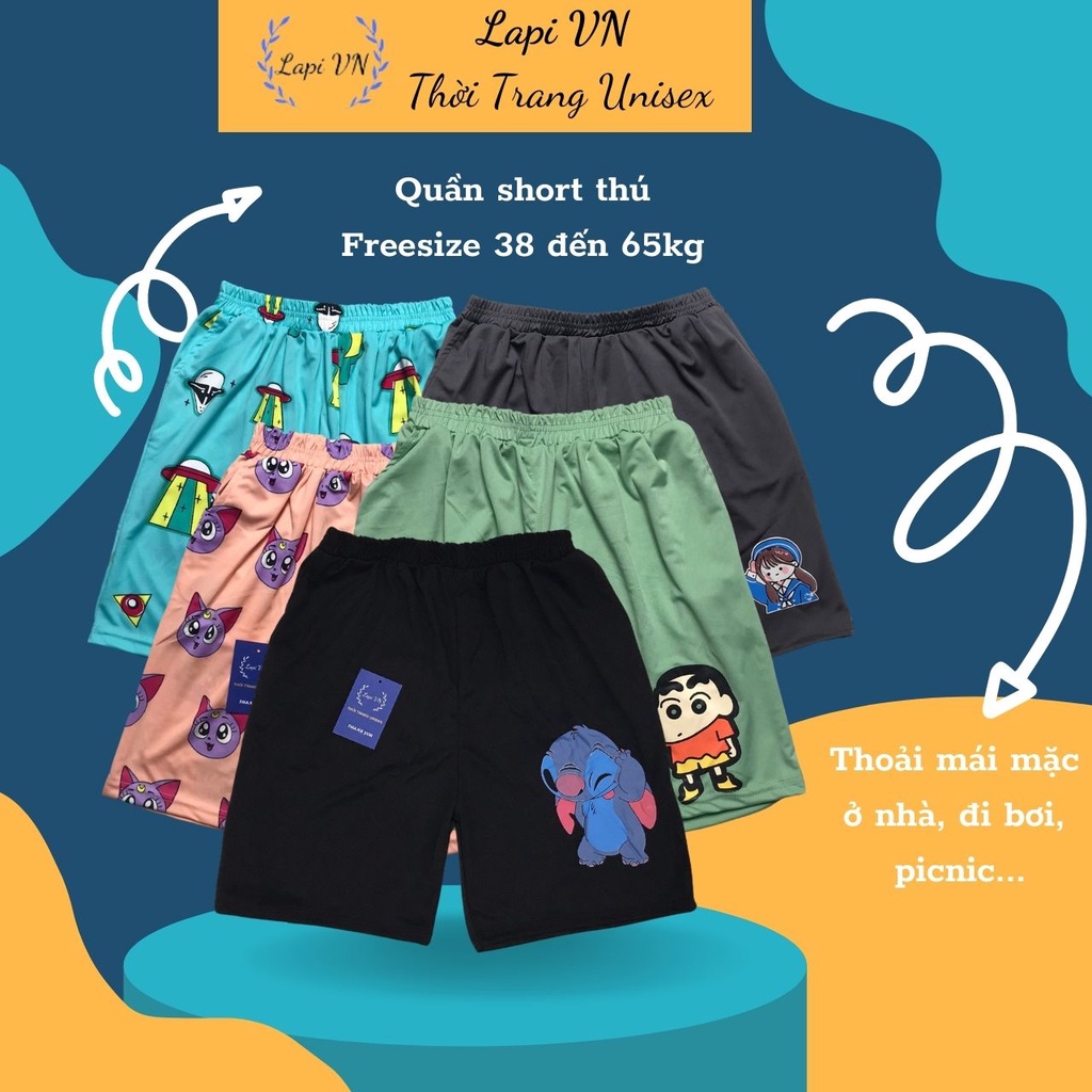 Quần Short Lưng Thun Mặc Nhà Mẫu Hoạt Hình Unisex -Lapi VN ,FREESIZE đến 65kg, Chất Thun Thoáng Mát