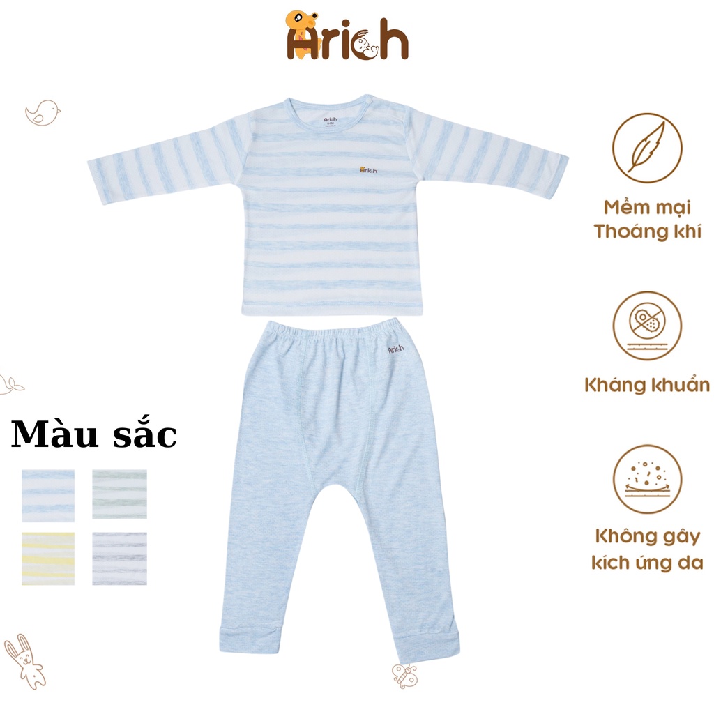 Bộ quần áo dài tay cài vai Arich vải sợi tre dệt kim kháng khuẩn tự nhiên, quần áo trẻ em mềm mịn, thoáng khí