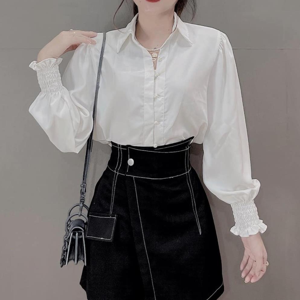 Áo sơ mi nữ dài tay công sở CKA862, áo kiểu nữ màu trắng cúc ngọc tay bo chun style hàn quốc freesize