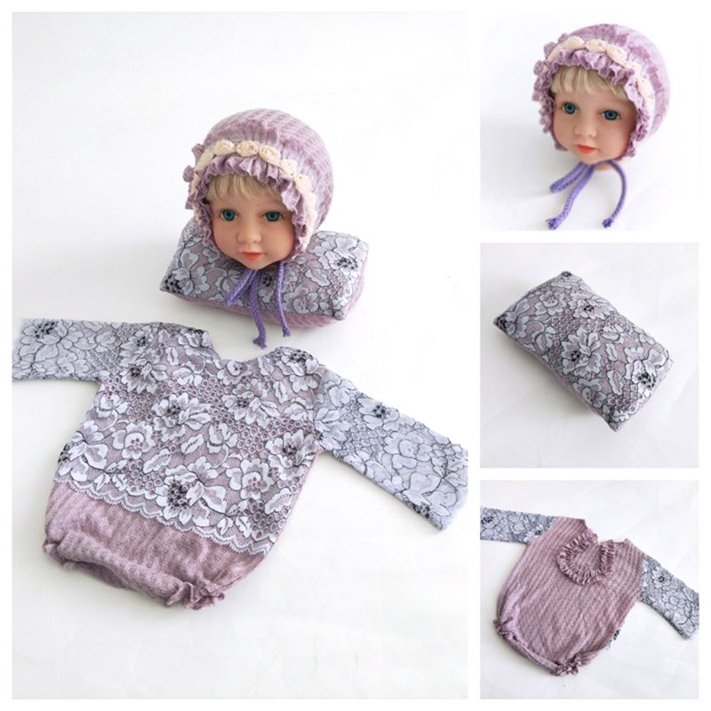 Mary☆3Pcs/set Newborn Month Photography Suits Baby Photo Props Infants Lace Cap Pillow Clothes Set