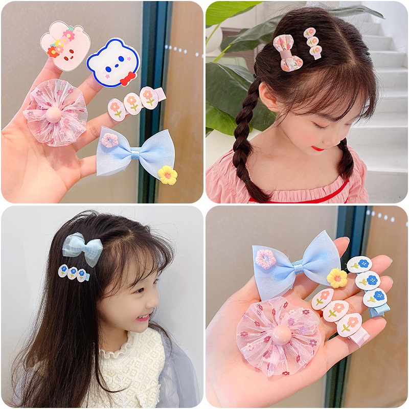 Kẹp Tóc Hình Nơ Phối Ren Hoa Dễ Thương Cho Bé Gái