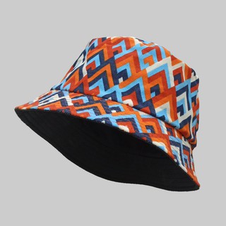 Nón bucket họa tiết thổ cẩm màu cam / xanh dương phong cách dân tộc tbmi