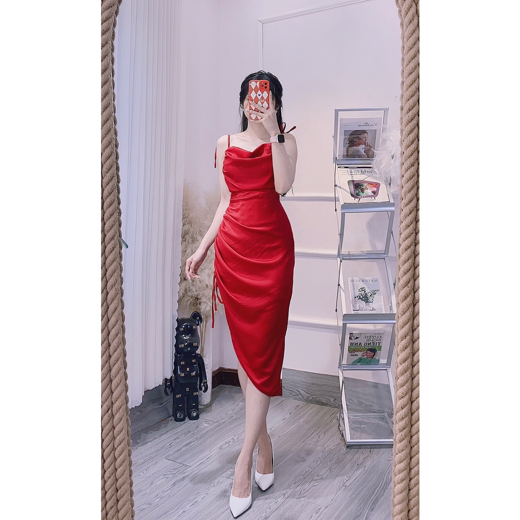 Đầm Midi Dự Tiệc 2 Dây Nhún Xếp Ly Cổ Đổ Sexy D1473