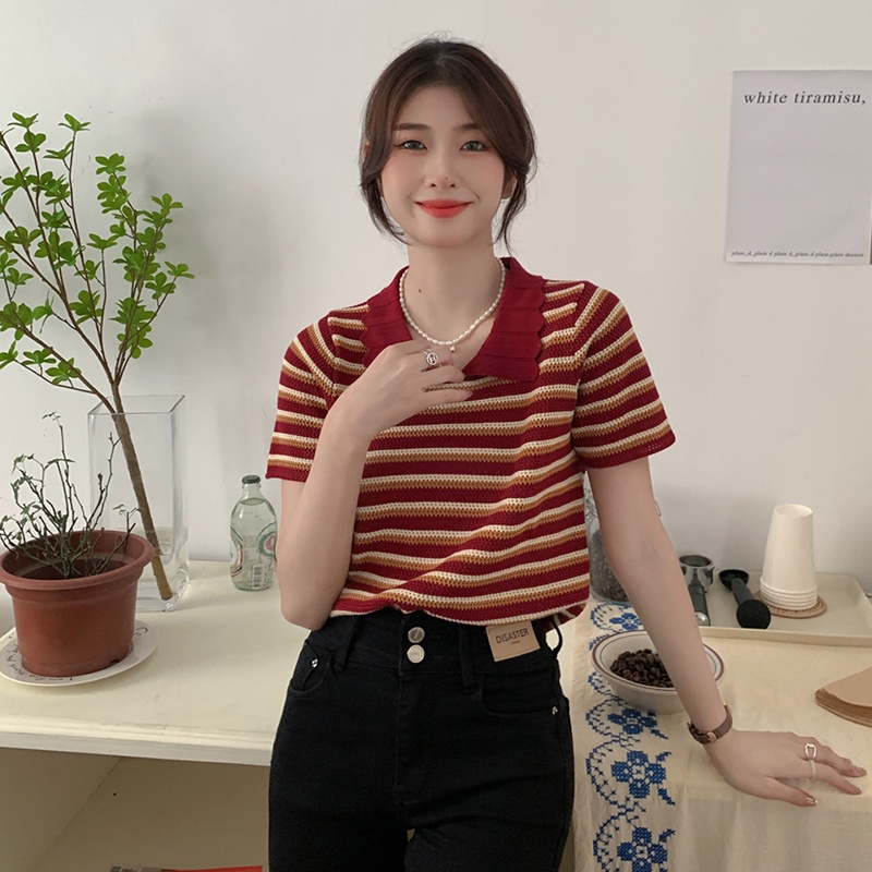 [Hana And Alice] Áo Thun POLO Dệt Kim Ngắn Tay Kẻ Sọc Kiểu Retro Thời Trang
