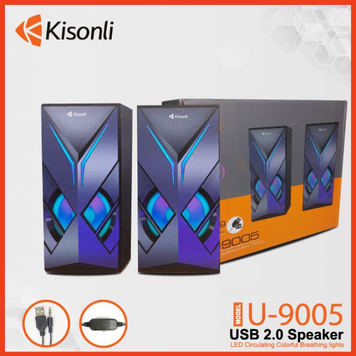 Loa Vi Tính Kisonli U9005 Công Suất 6W Kết Nối Cổng USB Để Bàn LED Xanh Siêu Ngầu