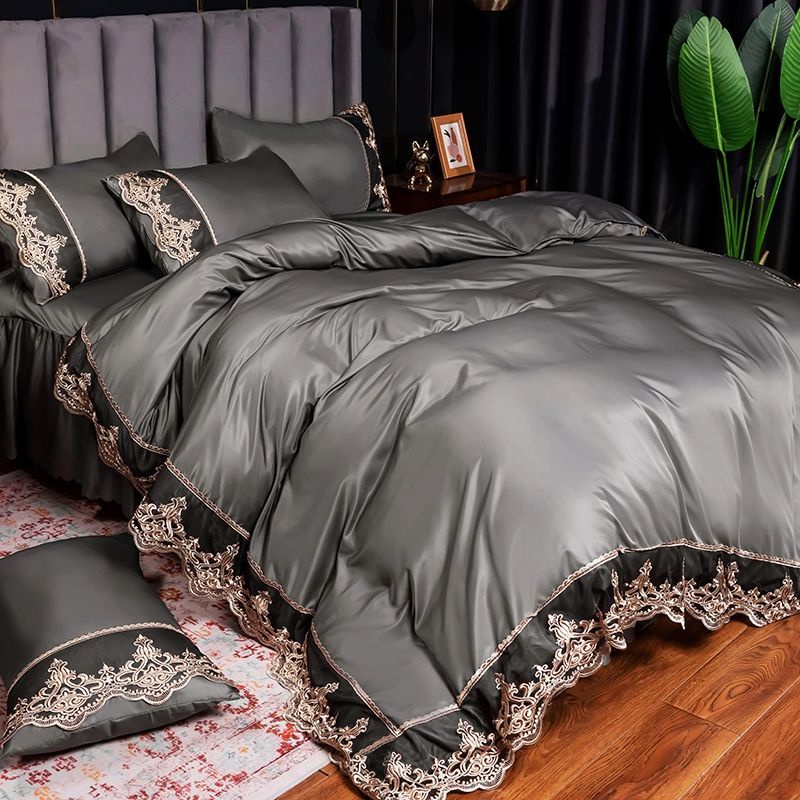 Summer double-sided ice silk bed skirt Four Piece Set Princess wind silk smooth naked sleeping days silk summer cool quilt cover bed sheet bedding