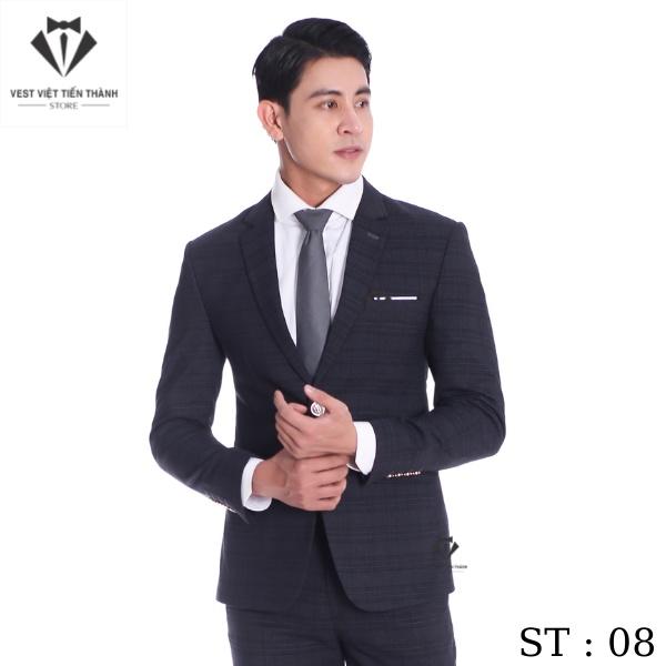 Bộ vest nam kẻ caro ghi cao cấp vest việt tiến thành