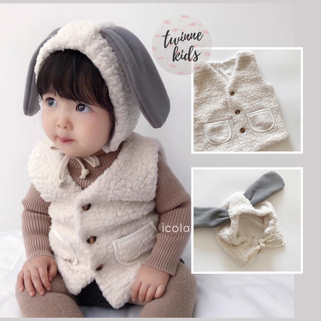 [Bunny Gilet] Gi lê thỏ trắng, gilet sơ sinh lông cừu ấm áp cho bé gái và bé trai từ 0-24 tháng