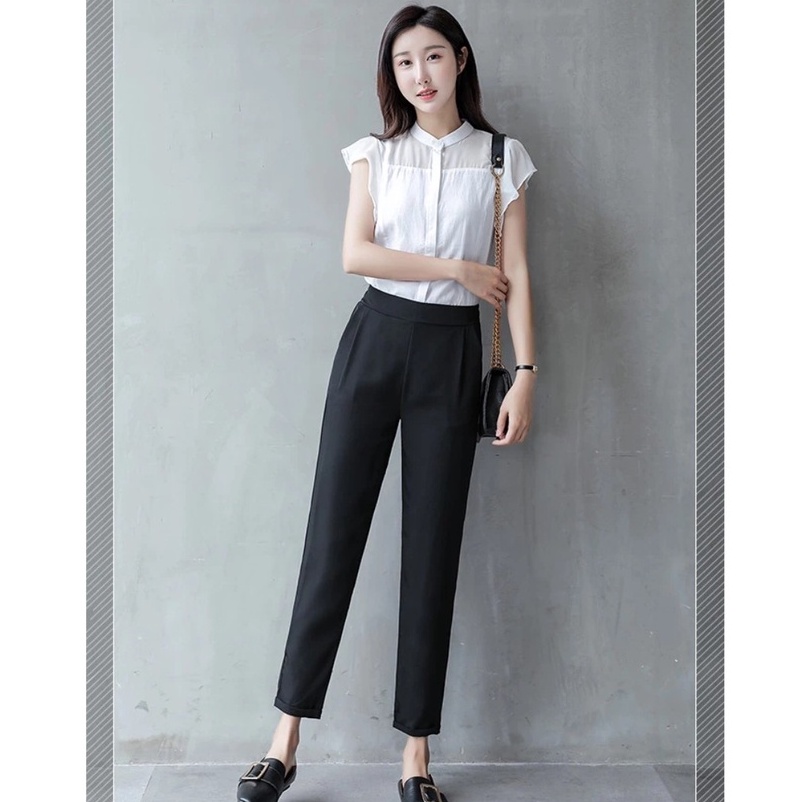 Quần Baggy nữ công sở cạp chun chất vải tuyết mưa mềm - Kiểu Quần tây bigsize nữ lưng cao màu đen mặc Đi làm - đi học