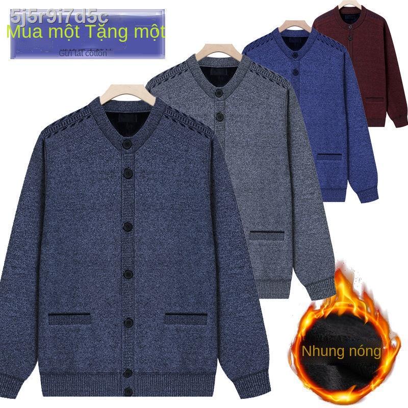 ¤Bố áo len cộng với nhung dày cardigan cho ông già quần ấm người đàn trung niên và cổ tròn