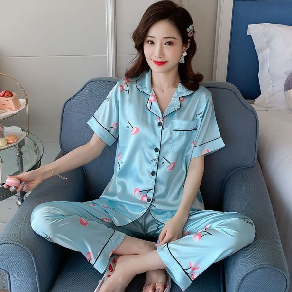 Bộ Đồ Ngủ Lụa 2 Món In Hoa Xinh Xắn Size M-5Xl đồ ngủ lụa váy ngủ lụa bigsize pijama lụa