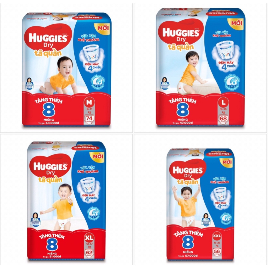 (Tặng miếng) Tã quần Huggies Dry M74/L68/XL62/XXL56/L48/XL42 (Đệm mây)