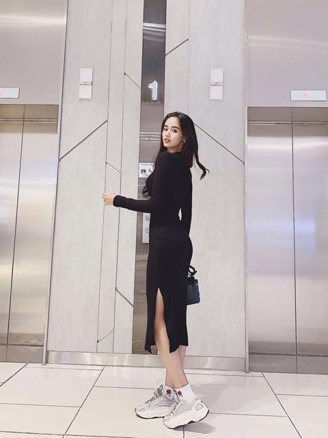 Đầm Body Nữ - Váy Body Cổ Tròn Tay Dài Xẻ Đùi - Loại 1m - DZ04