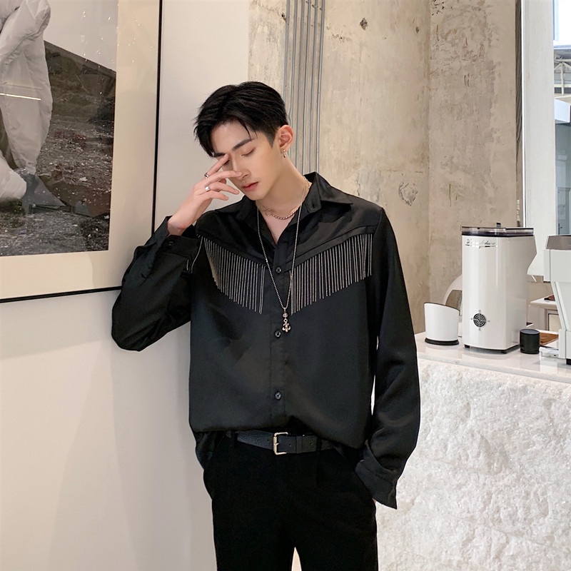 Áo Sơ Mi Lụa Satin Cao Cấp Đính Tua Rua Kim Loại Thời Trang Mới Cho Nam