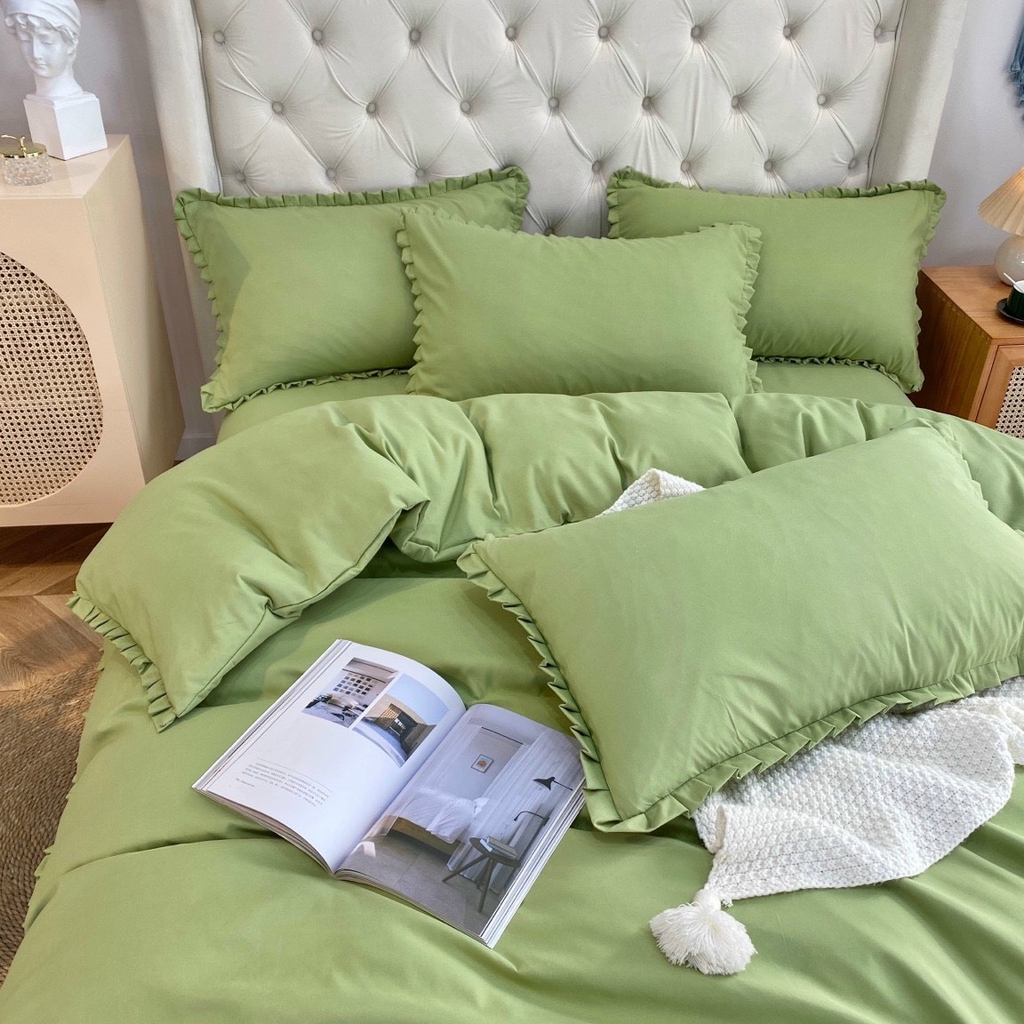 Bộ Chăn Ga Gối Cotton TICI Bèo trơn - Xanh Cốm
