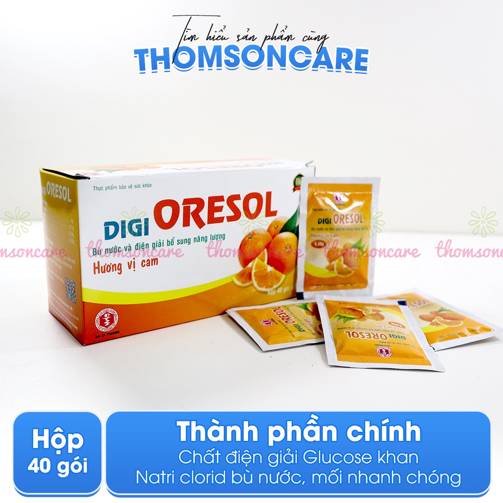 Bù nước và điện giải vị cam Oresol hộp 40 gói bột đaiuy, bổ sung muối glucose, kali, dùng khi sốt, chơi thể thao