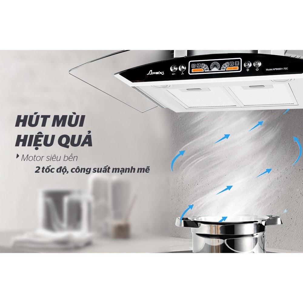 Máy hút mùi nhà bếp cao cấp kính cong SUNHOUSE APEX APB6601-70C tiết kiện điện an toàn