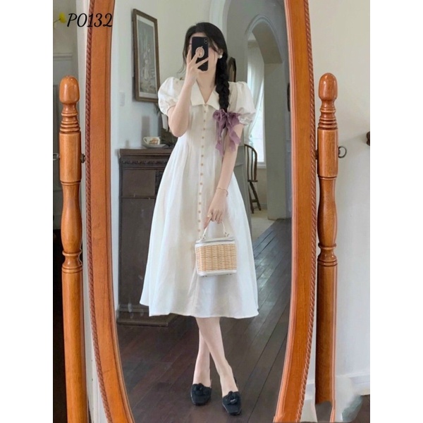 váy trắng tiểu thư sơ mi tay phồng vintage