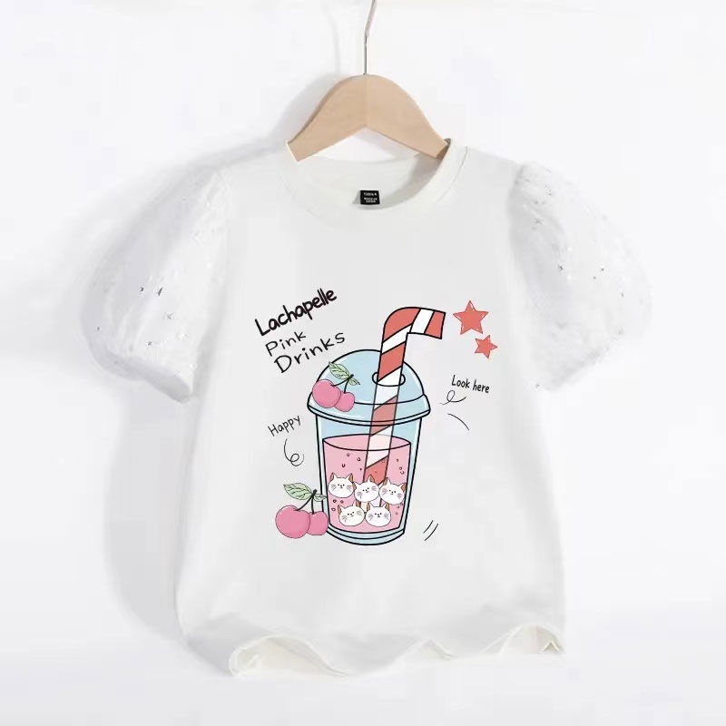 Áo Thun Tay Ngắn Phồng Bằng Cotton In Họa Tiết Dành Cho Bé Gái