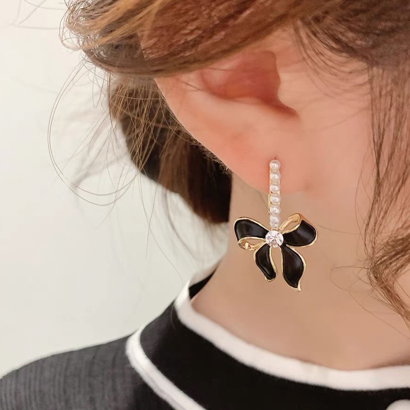 Bông Tai Mạ Bạc 925 Hình Nơ Đính Ngọc Trai Phong Cách Retro Hàn Quốc