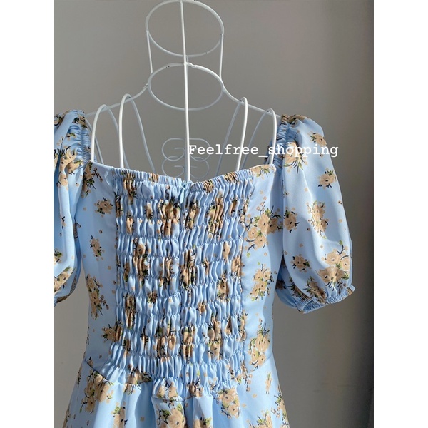 (Ảnh thật) Đầm Váy Xanh Feelfree Cổ Vuông Dáng Dài 2 Lớp Xẻ Tà Mặc Đi Chơi Đi Tiệc D3083 bn