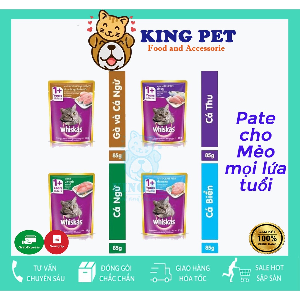 Pate Whiskas cho mèo,pate cá thu,pate cá ngừ,patecas biển,pate mèo con,pate gà cá ngừ gói 85g