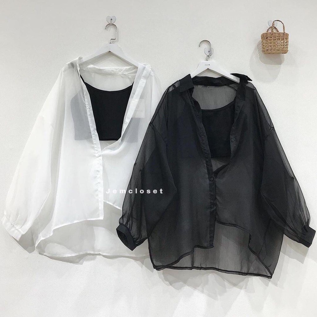 ?Set Áo Sơ Mi Tay Dài Trơn + Áo 2 Dây