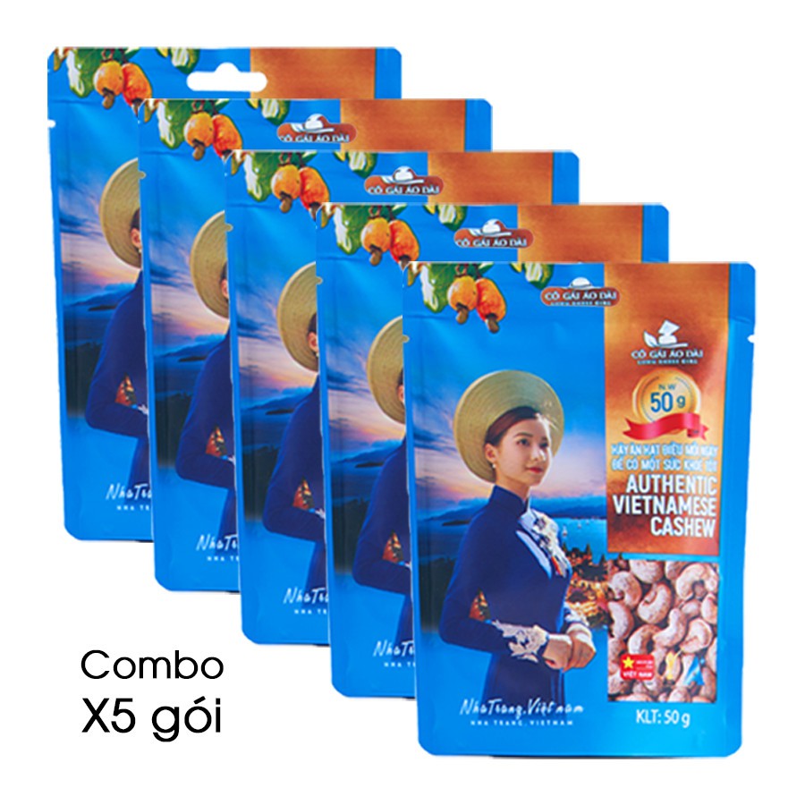 Combo 5 Túi Hạt điều nguyên hạt vỏ lụa rang muối loại túi 50gr - Thương hiệu Cô Gái Áo Dài