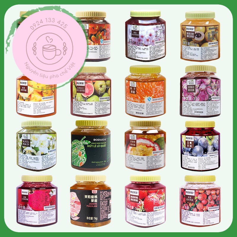 Mứt Boduo 1kg các vị dâu, đào hồng, vải, chanh leo, hoa hồng, dưa lưới, ổi hồng, đào nhài, việt quất