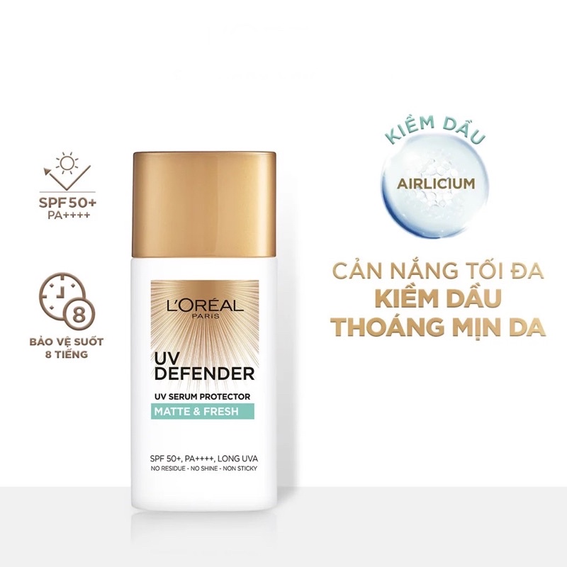 L'oreal Kem Chống Nắng Kiềm Dầu Se Mịn Lỗ Chân Lông Và Chống Ô Nhiễm UV PERFECT MATTE & FRESH SPF50/PA++ 15ml